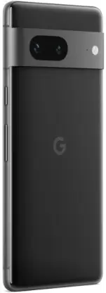 Front view of the Google Pixel 7 smartphone in black color, showcasing its edge-to-edge display, app icons on the home screen, and a stylish wallpaper. The device features slim bezels, front camera, and the Google logo on the back.