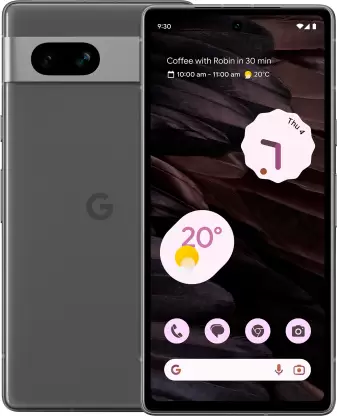 Front view of the Google Pixel 7a smartphone in black color, displaying the home screen with app icons and a wallpaper. The device showcases its slim bezels, front camera, and the Google logo on the back.