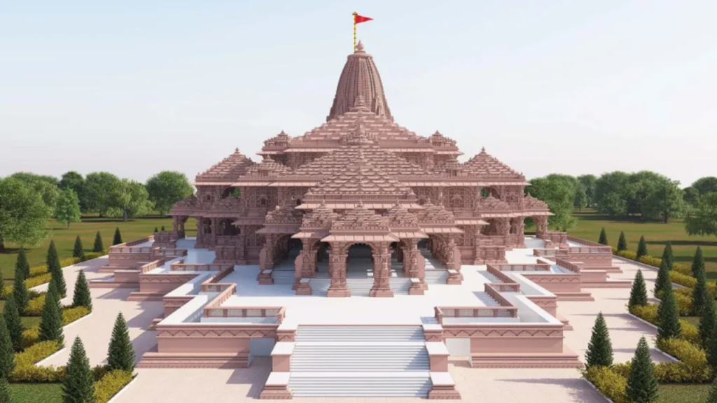 A stunning image showcasing the iconic Ram Mandir in Ayodhya, a symbol of cultural and architectural significance, amidst the ongoing transformative projects in the city.