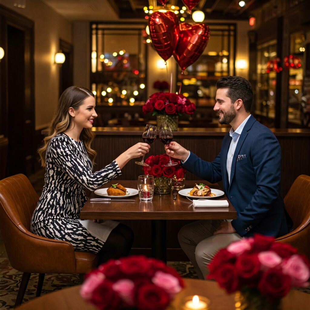 Couple celebrating Valentine’s Day with a romantic dinner